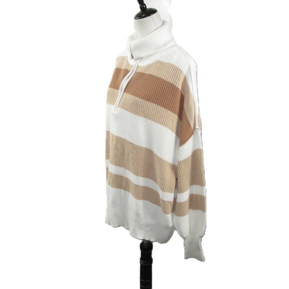 Aerie NWOT Tan Stripe Partial Zip 100% Cotton Turtleneck Sweater Size Medium - Picture 4 of 7